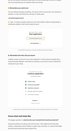 Interface treatments comparing a restarted application with a resumable workflow