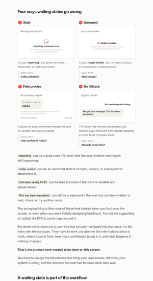 Interface treatments showing four common ways waiting states fail users